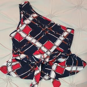 SHEIN One-Shoulder Chain Print Blouse - Red, White, Navy Blue